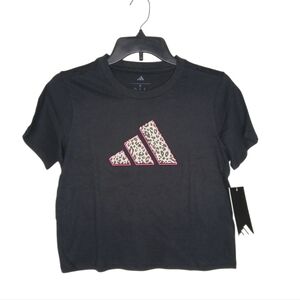 Adidas Girls Black Tee with Leopard Print Logo